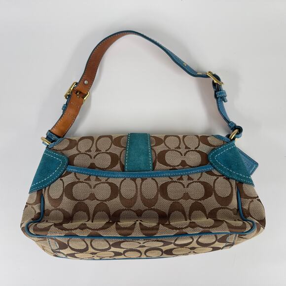 Coach Signature Brown Blue Leather Trim Shoulder Bag Buckle Flap 12”x7” - Picture 2 of 7